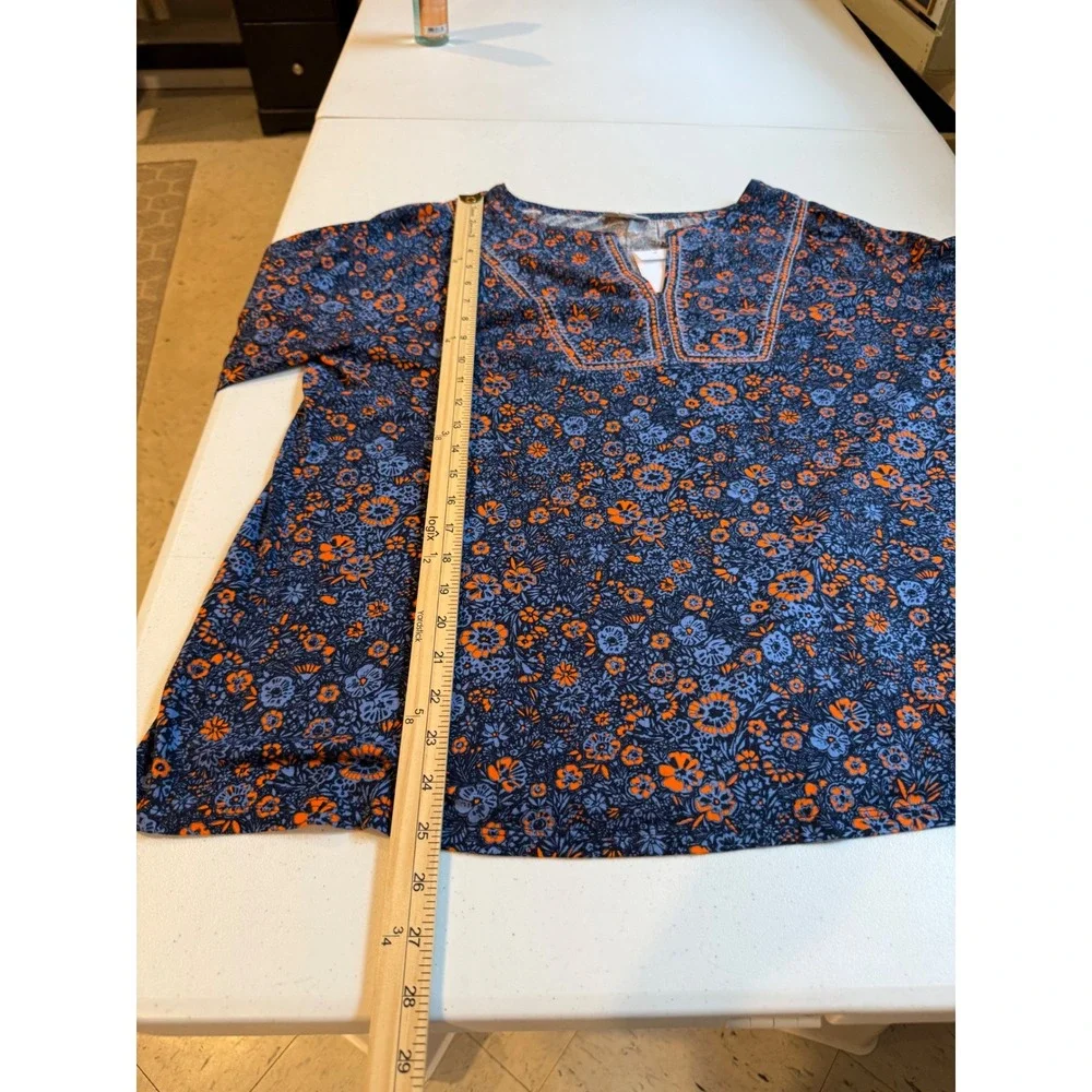 J Jill Large Navy Floral Tunic Top Embroidered Split Neck Cotton Modal NWT new - Picture 9 of 13